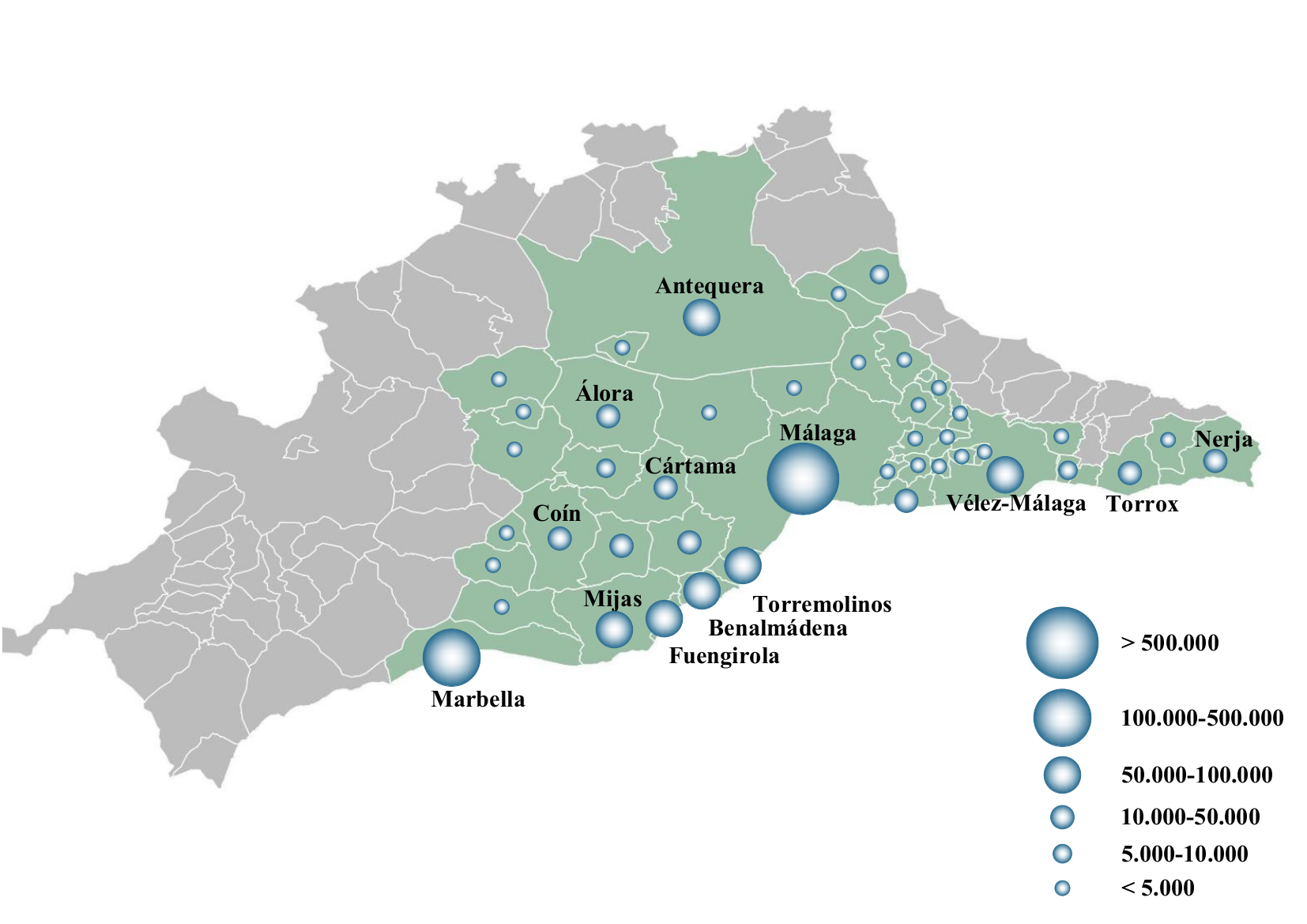 Fig. 1. Área funcional de Málaga que incluye los núcleos de población situados a menos de una hora de la ciudad de Málaga